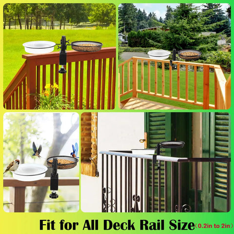 Deck Bird Feeder With Metal Mesh Tray And Two Water Bowls Detachable Adjustable Heavy Duty Clamp Bracket Fits Balcony Railing Or Porch Rail Rotates 360 Degrees For Easy Access Built Tough For Attracting Birds installed on various railings.