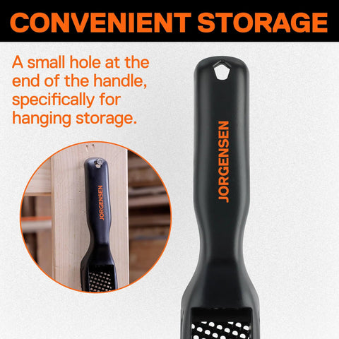 Premium Mini Hand Wood Plane And Surform Rasp Shaver Tool With Durable 65Mn Steel Blade designed for convenient storage with a hanging hole.