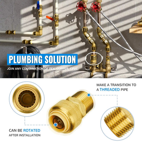 6-Pack One Half Inch By One Half Inch Push-To-Connect Male Adapters DIY Friendly For PEX Copper CPVC With Disconnect Clip Straight Fittings No Lead Brass Easy Install Reusable Rotatable Quick Connect Plumbing shown in plumbing setup.