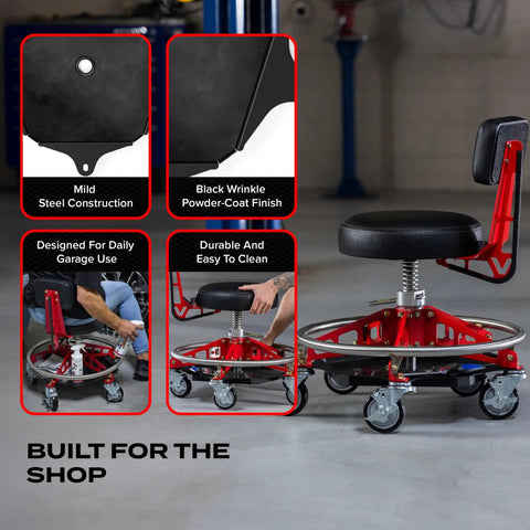 Under Seat Tool Tray Organizer For EZ Lift Chairs Heavy Duty Steel Construction With Rubber Mat on garage floor.