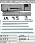 Accessories of 48x48x80 Grow Tent Kit With Tough 19mm Metal Frame, Ultra Reflective 600D Mylar Interior, and more components.