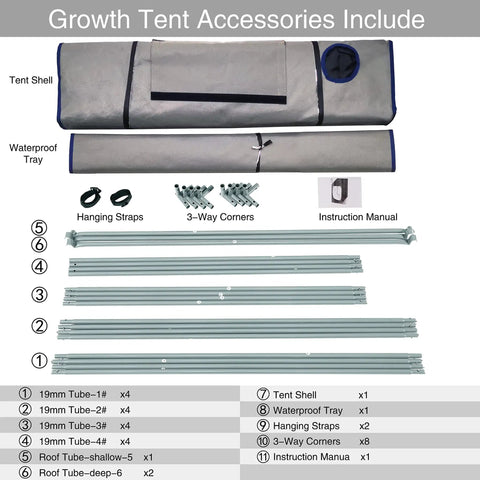 Accessories of 48x48x80 Grow Tent Kit With Tough 19mm Metal Frame, Ultra Reflective 600D Mylar Interior, and more components.