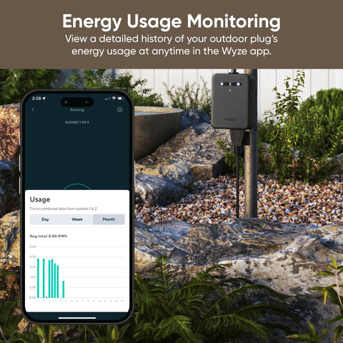 Outdoor Smart Plug With Dual Outlets And Energy Monitoring, Weatherproof IP64, connected to app displaying energy usage