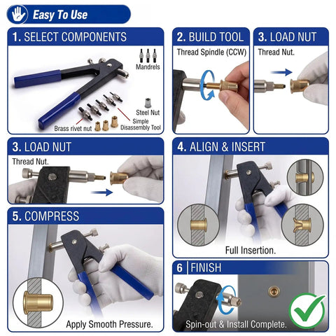 Step-by-step use of 420 Piece Imperial Rivet Nut Kit with Carbon Steel Threaded Inserts for automotive projects.