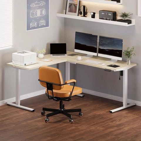 Massive 63x47 Inch L-Shaped Electric Standing Desk In Warm Maple Finish with dual monitors and printer setup
