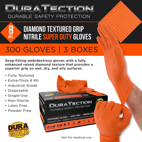 Built Tough 8 Mil Orange Nitrile Gloves Rock Solid Diamond Grip Heavy Duty Shop Beaters For Daily Grind And Auto Repair Crush Proof Industrial Safety Gear 300 Count Size X Large Powder Latex Free gloves packaging with raised diamond texture.