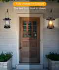 Solar Powered Hanging Lanterns Outdoor Waterproof 2 Pack Decorative Lights on brick porch with warm white glow.