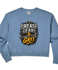 Womens Heavy Duty Mechanic Crop Sweatshirt With Grease Gears And Grit Design in light blue, featuring a bold graphic print.