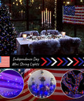 Decorative setup with Patriotic Solar Fairy String Lights 2 Pack With 200 LED 66 Ft Red White Blue Outdoor Waterproof for Independence Day.