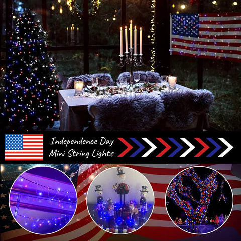 Decorative setup with Patriotic Solar Fairy String Lights 2 Pack With 200 LED 66 Ft Red White Blue Outdoor Waterproof for Independence Day.