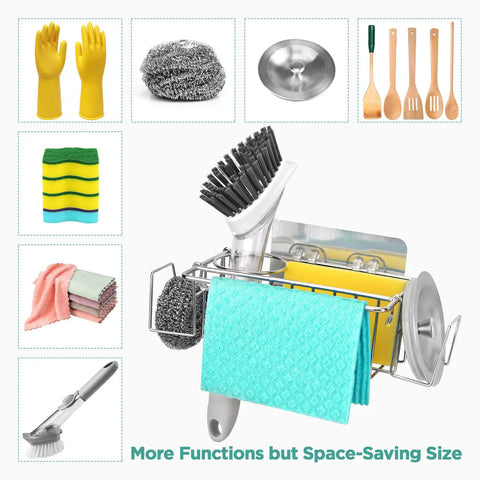 5 In 1 Sponge Holder For Kitchen Sink Space Saving SUS304 Stainless Steel Organizer No Drilling Or Adhesive Two Ways To Install Holds 2 Sponges 1 Dish Cloth 1 Brush And 2 Sink Strainers