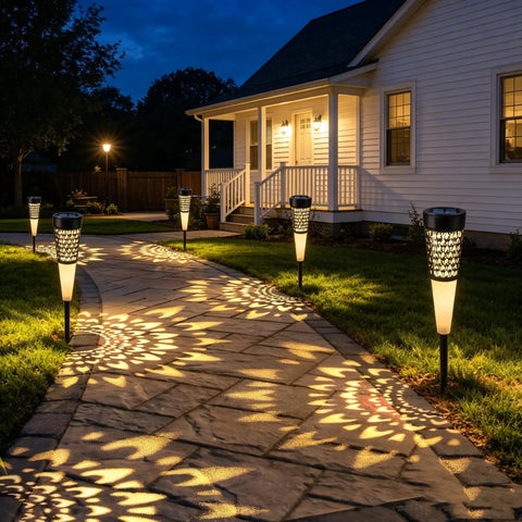 Pathway illuminated by Solar Torch Lights Outdoor With Flickering Flame For Pathways And Garden Waterproof Landscape Lighting