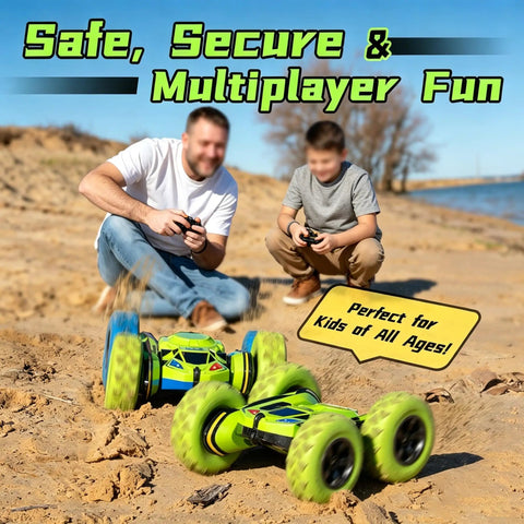 Two people playing with 4WD Remote Control Car With 360 Degree Flips, Dual Sided Driving, Durable Stunt RC Vehicle on sandy terrain.