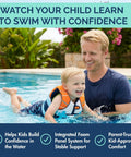 Child wearing Kids Swim Vest With Integrated Foam Panel For Toddlers And Kids CE Certified Flotation Aid playing in pool with dad