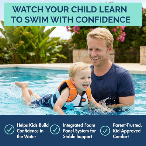 Child wearing Kids Swim Vest With Integrated Foam Panel For Toddlers And Kids CE Certified Flotation Aid playing in pool with dad