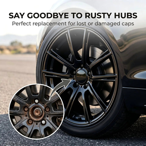 Premium 4 Pack Wheel Center Caps Universal Fit For Cars Trucks 2.36 Inch Snap In Rim Hub Covers Tough Abs Plastic Black showing clean rim with cap.