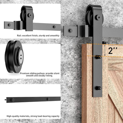 Heavy Duty 6 Foot Sliding Barn Door Hardware Kit With A Rock Solid Smooth Quiet Glide And Easy Install Includes Door Hook And Two Handles For Doors One And Three Eighths To One And Three Quarters Inch Thick Black Finish J Shape Hangers close-up showing rollers and rail.