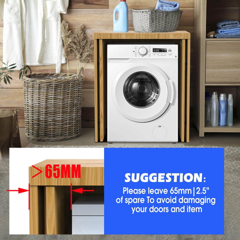 Wooden fitting around washing machine with 65mm clearance suggestion for door installation