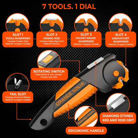 All In One Garden Tool Sharpener That Keeps Knives Axes Machetes Pruners And Shears Razor Sharp No Fuss 7 In 1 Sharpener diagram