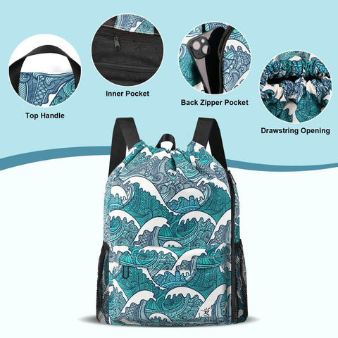 Drawstring Gym And Beach Backpack With Mesh Pockets, Water Resistant And Sandproof, Back Zipper Pocket, Blue Waves Design