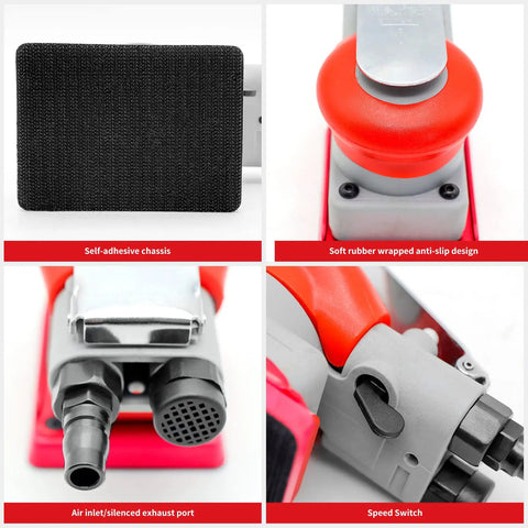 Four close-up images of a pneumatic palm sander kit with random orbital action for auto body, highlighting features.