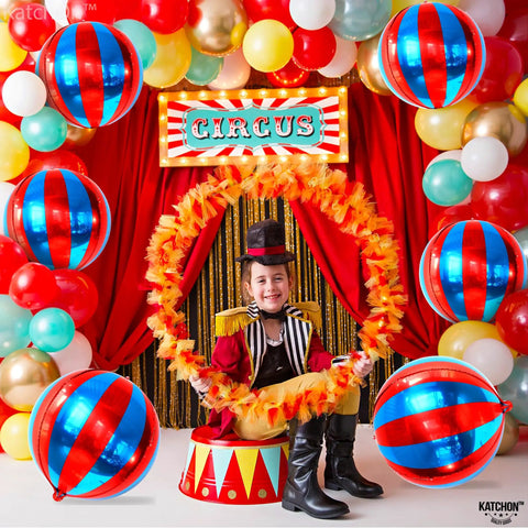 Massive 22 Inch Red And Blue 4D Foil Carnival Balloons Pack Of 6 for Circus Theme Party Decor with child in ringmaster costume