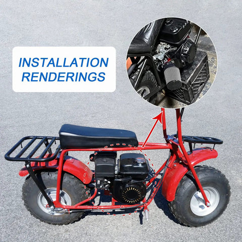 High Performance Carburetor Air Filter Adapter Jet Kit Upgrade installed on red mini bike compatible with GX160 GX200 212cc engines