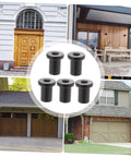 5 Pack Replacement Spacers For Sliding Barn Doors Wall Track Hardware Kit Durable High Carbon Steel Spacers For Track Matte Black Finish displayed with various barn door setups