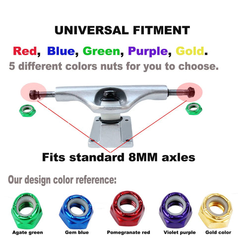Color options for universal fitment nuts for Blue Skateboard Truck Nuts And Axle Washers And Precision Spacers Pro Grade Hardware Kit