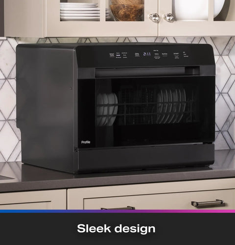 Compact Countertop Dishwasher With Smart Wifi Connectivity Six Wash Cycles Energy Star, sleek black finish and modern design.