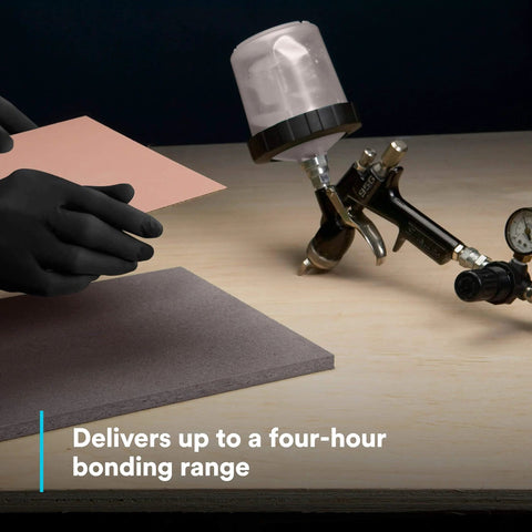 Neutral contact adhesive 30NF for laminate, foam, wood, plywood and canvas, spray application with bonding material.