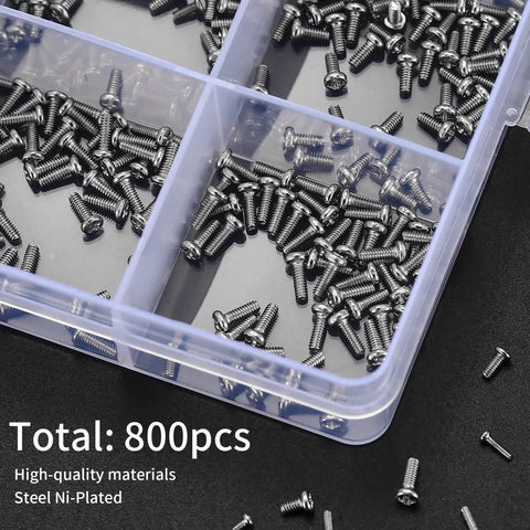 800 Piece Tiny Screws Kit For Electronics And Gadgets Micro Pan Head Machine Screws in plastic organizer.