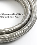 Close-up view of a 6 ft braided stainless steel ice maker water supply hose with 1/4-inch compression fittings