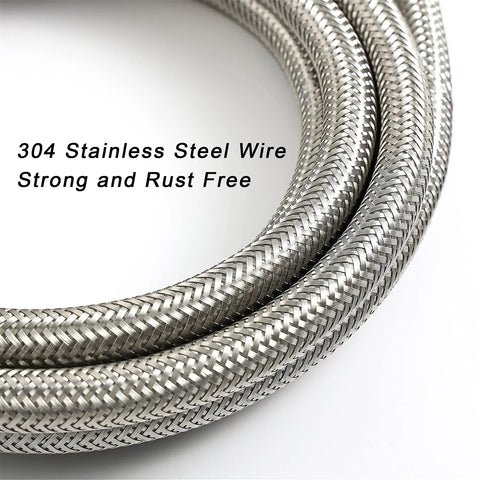 Close-up view of a 6 ft braided stainless steel ice maker water supply hose with 1/4-inch compression fittings