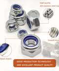 Premium 304 Stainless Steel Metric Nylon Insert Lock Nuts 60 Piece Assortment Kit M5 M6 M8 M10 M12 Sizes showcasing nuts with nylon inserts.