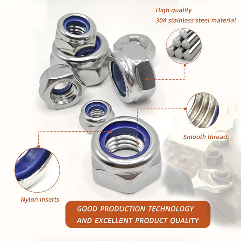 Premium 304 Stainless Steel Metric Nylon Insert Lock Nuts 60 Piece Assortment Kit M5 M6 M8 M10 M12 Sizes showcasing nuts with nylon inserts.
