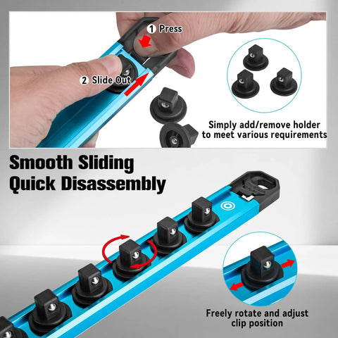 Magnetic Socket Organizer Set For 1/4 3/8 And 1/2 Inch Sockets Aluminum Alloy Socket Rail With 96 Clips demonstration