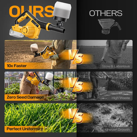 Comparison of cordless handheld spreader for lawns compatible with Dewalt 20V max batteries versus traditional spreader.