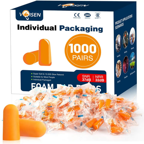 Ultra Soft Foam Ear Plugs For Sleep And Travel, 1000 Pairs, 32 dB NRR And 37 dB SNR Noise Reduction displayed with packaging