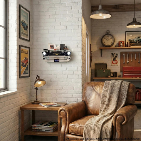 Chevrolet Camaro SS 1969 Floating Shelf Display With LED Headlights and Tempered Glass in cozy man cave setting.