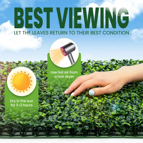 Hand touching Boxwood Hedge Panel Pack 24 Count 20 By 20 Inches Artificial Grass Wall Backdrop Greenery Wall