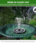 Glass Panel Solar Fountain Pump With 2000mAh Battery Backup It Really Rocks On Cloudy Days 3.5W High Conversion Solar Pump For Bird Bath Garden Or Pond 7 Nozzle Spray Patterns White in operation in garden setting.