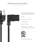 3ft Right Angle Power Cord NEMA 5-15P to IEC 60320 C13 18AWG 10A 125V UL Listed Replacement Cable with safety features.