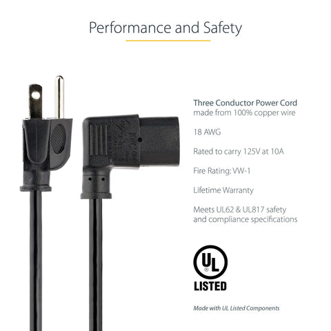 3ft Right Angle Power Cord NEMA 5-15P to IEC 60320 C13 18AWG 10A 125V UL Listed Replacement Cable with safety features.