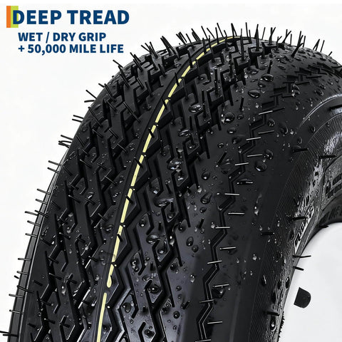 Close-up view of wet tread pattern on 4.80-12 Bias Ply Trailer Tire from Wheel Assembly Set for Utility Boat Camper Trailers