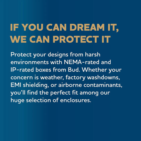 Promotional graphic for NEMA and IP-rated enclosure boxes protecting against harsh environments, mentioning Bud products.