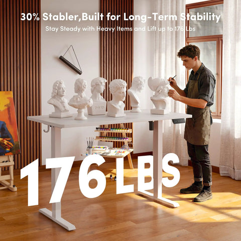 Rock Solid 60 X 24 Inch Electric Adjustable Standing Desk featuring smooth motor lift and seamless one piece desktop for heavy duty home office workspaces.
