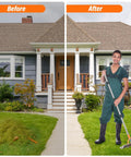 Before and after lawn cleanup with 62 Inch Adjustable Thatch Rake With 19 Tines Nickel Steel For Lawn Dethatching And Soil Aeration