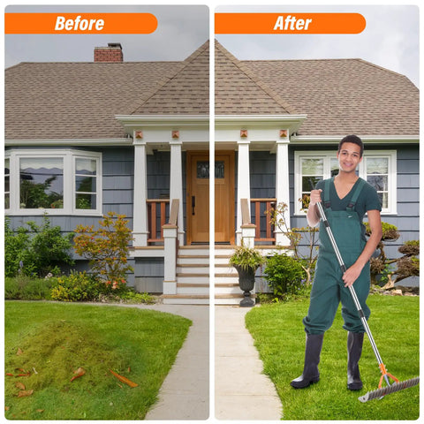 Before and after lawn cleanup with 62 Inch Adjustable Thatch Rake With 19 Tines Nickel Steel For Lawn Dethatching And Soil Aeration