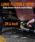 Cordless Grease Gun 12000 PSI With 2 In 1 Rotating Handle And 16.4 Inch Hose in use on heavy machinery wheel